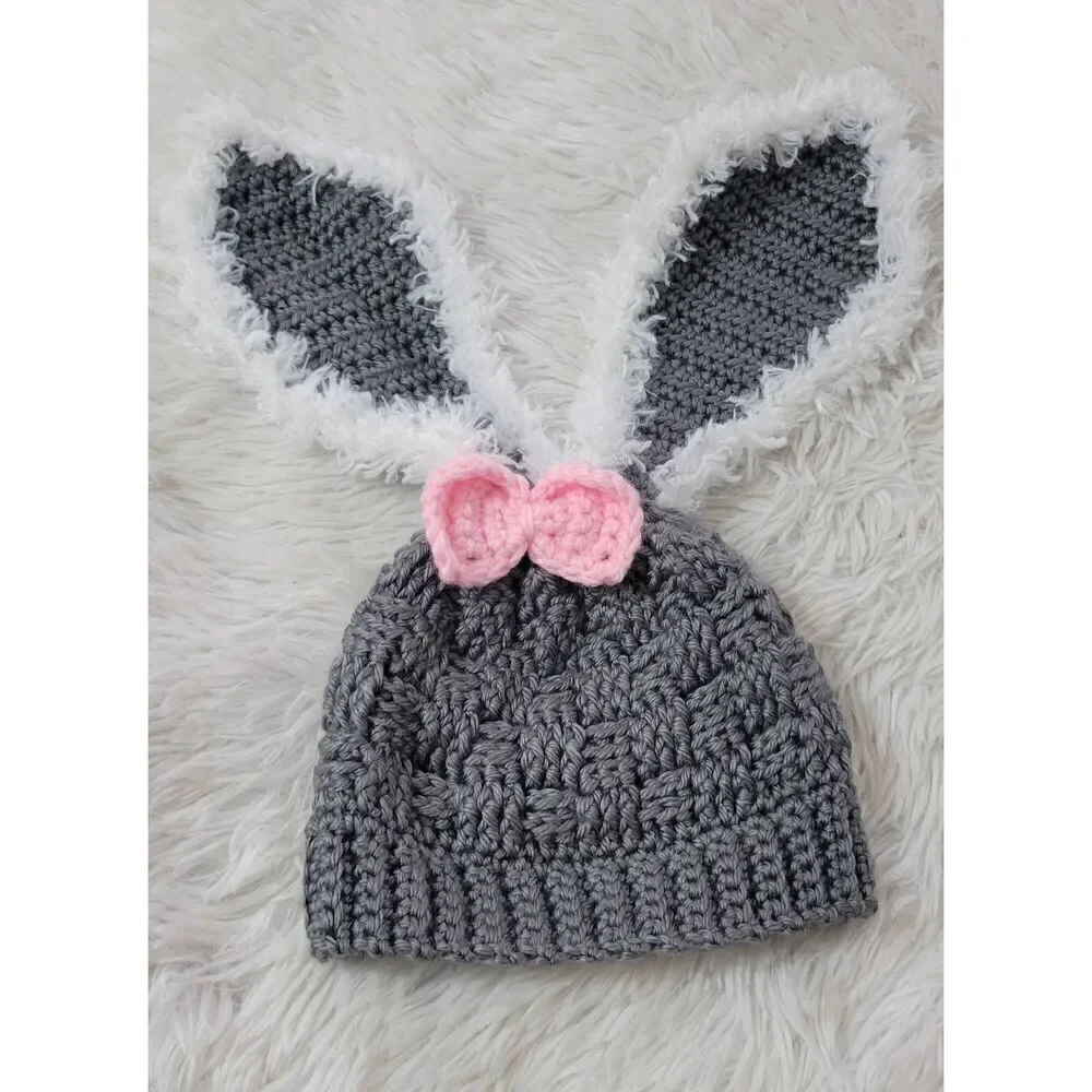 Bunny Hat Crochet Knit Handmade Gray Youth